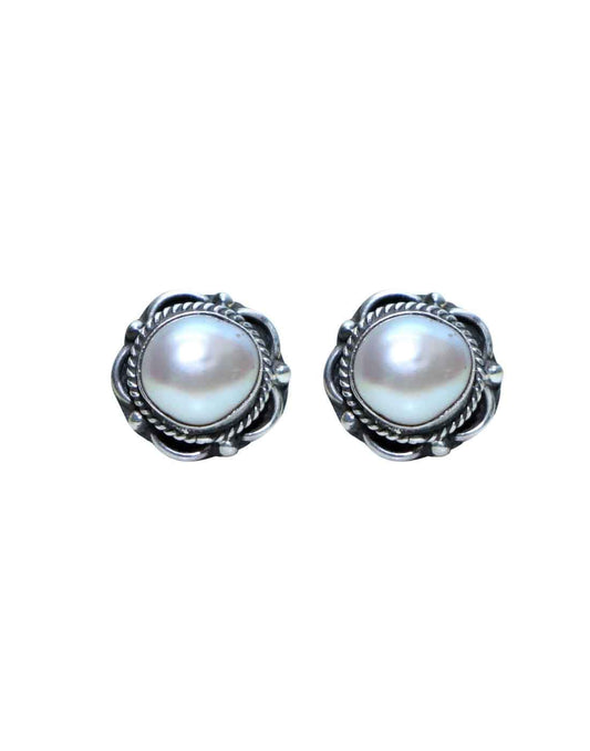 92.5 Sterling Silver Designer White Pearl Stud Earrings