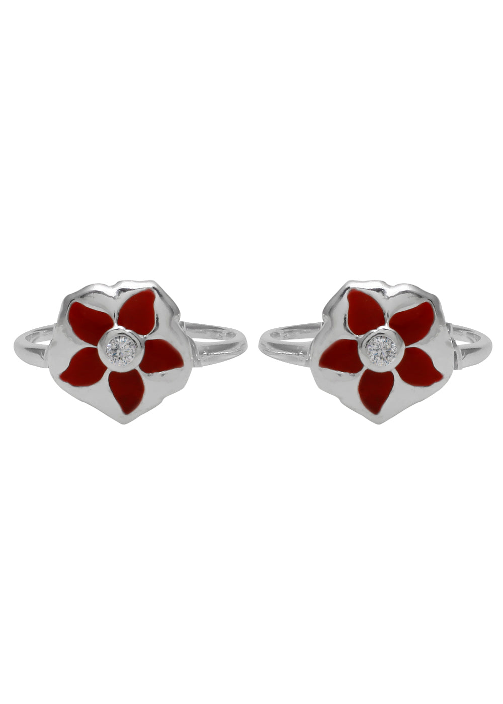 Designer Red Enamel and Cubic Zirconia Toe Rings in 92.5 Sterling Silver