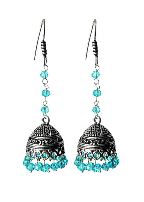 Long Jhumkas with Blue crystals in Silver Alloy - Default Title - Abhooshan