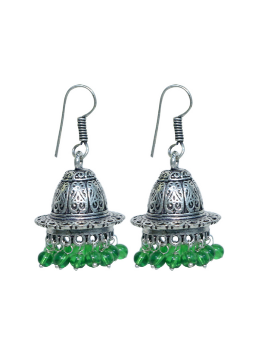 Pair of Unique Shape Jhumkis in Silver Alloy with Green Beads