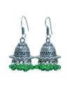 Pair of Unique Shape Jhumkis in Silver Alloy with Green Beads