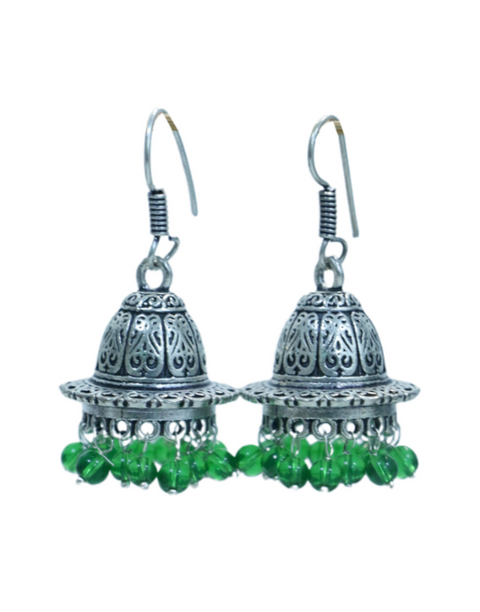 Pair of Unique Shape Jhumkis in Silver Alloy with Green Beads