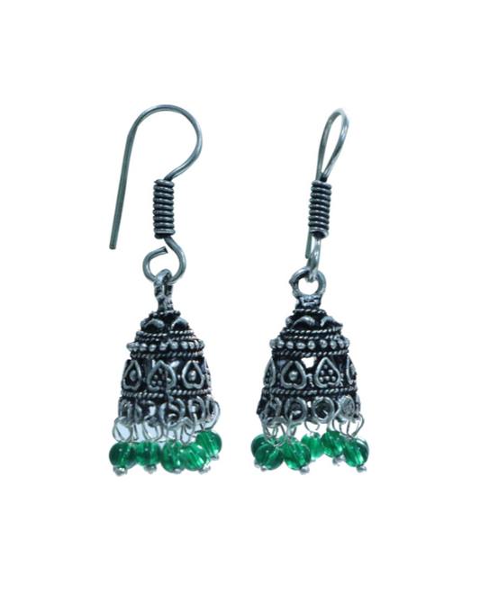 Pair of Small Ethnic Jhumkis in Silver Alloy and Green Beads