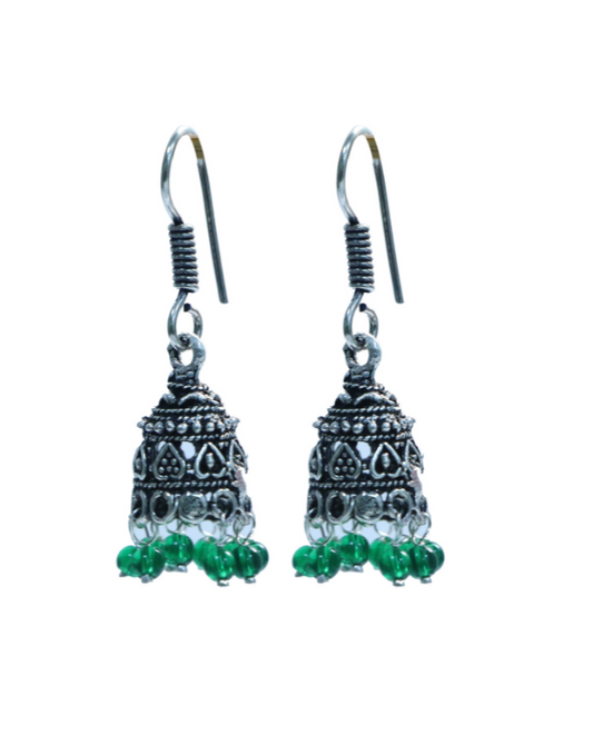 Pair of Small Ethnic Jhumkis in Silver Alloy and Green Beads