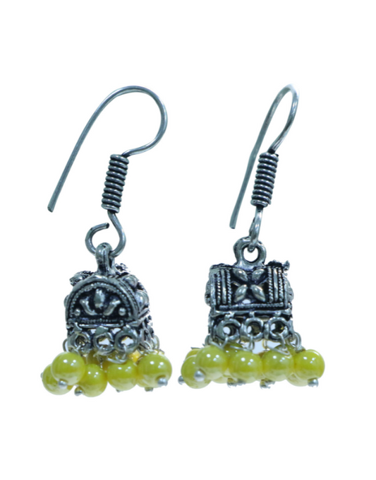 Pair of Small Ethnic Jhumkis With Yellow Beads in Silver Alloy High Finish for Women and Girls