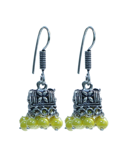 Pair of Small Ethnic Jhumkis With Yellow Beads in Silver Alloy High Finish for Women and Girls - Default Title - Abhooshan