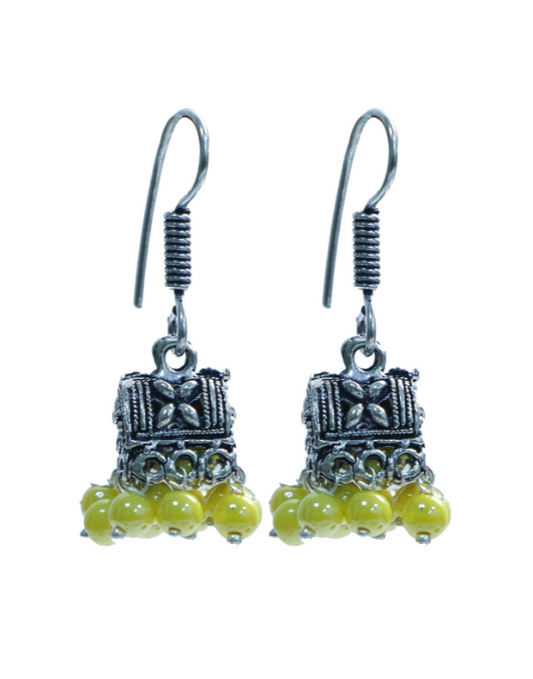 Pair of Small Ethnic Jhumkis With Yellow Beads in Silver Alloy High Finish for Women and Girls