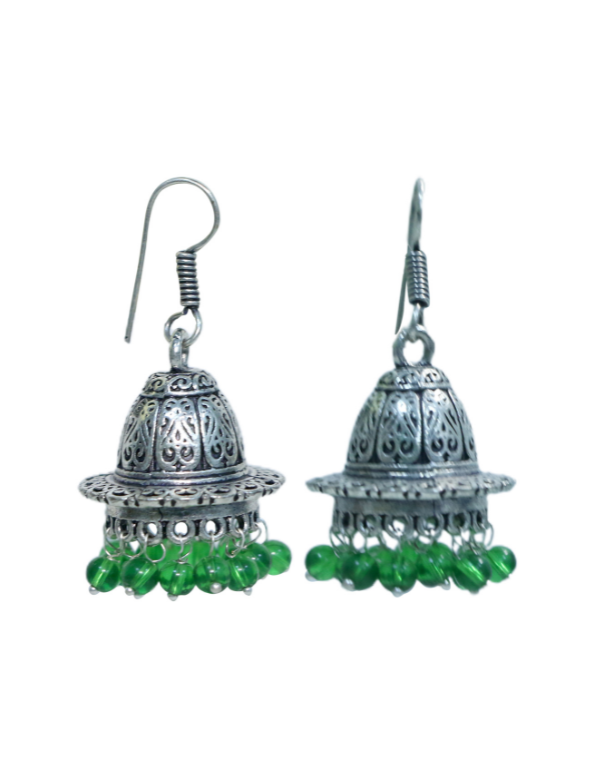 Pair of Unique Shape Jhumkis in Silver Alloy with Green Beads