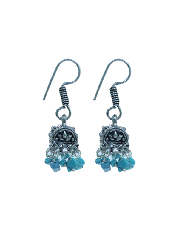 Pair of Small Ethnic Jhumkis With Blue Turquoise Beads in Silver Alloy High Finish for Women and Girls