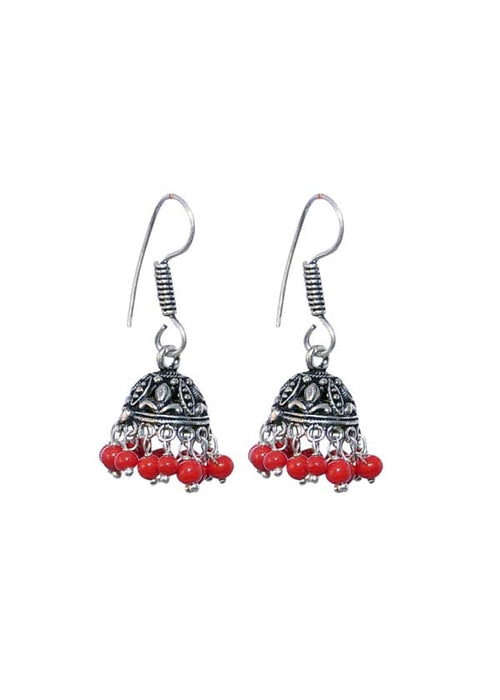 Designer and traditional Jhumkis with RED colored beads in Silver Alloy - Default Title - Abhooshan