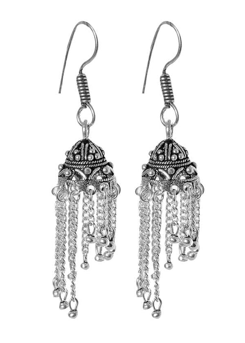 Pair of Designer Jhumki with chain in Silver Alloy High Finish - Default Title - Abhooshan