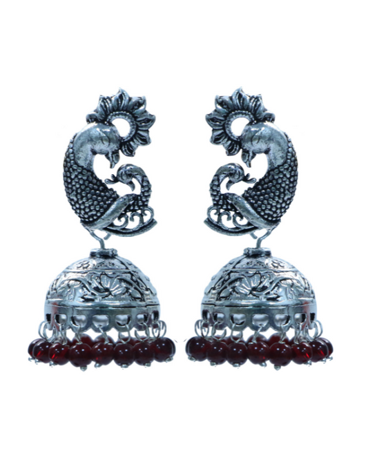 Designer Pair of Peacock Stud Jhumkis in Silver Alloy With Red Beads