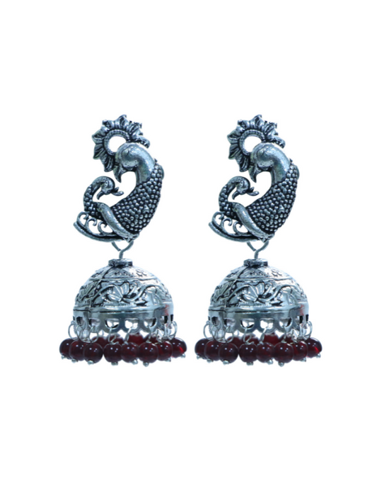 Designer Pair of Peacock Stud Jhumkis in Silver Alloy With Red Beads