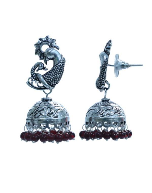 Designer Pair of Peacock Stud Jhumkis in Silver Alloy With Red Beads