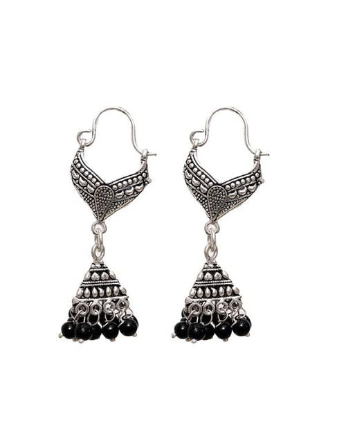 Designer pair of Jhumkis in Black Beads in Silver Alloy - Default Title - Abhooshan