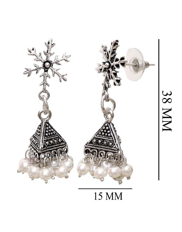 Designer pair of Jhumkis in Pearl with Push Back in Silver Alloy