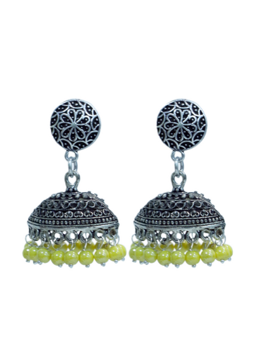 Unique Pair of Ethnic Jhumki Earrings in Silver Alloy With Yellow Beads