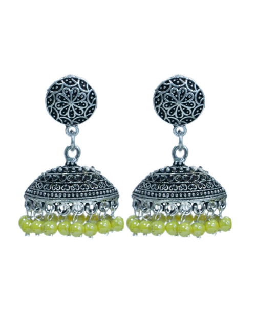 Unique Pair of Ethnic Jhumki Earrings in Silver Alloy With Yellow Beads - Default Title - Abhooshan