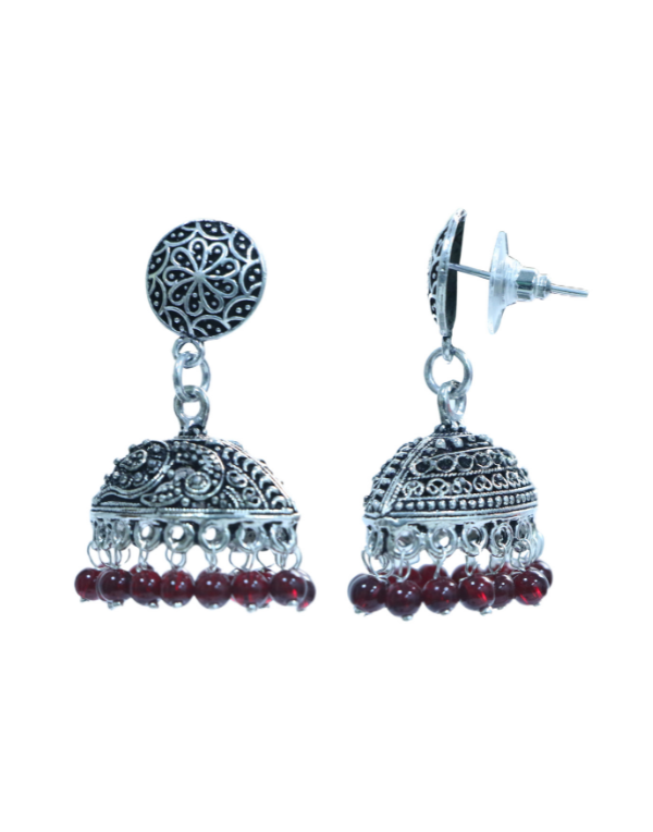 Unique Pair of Ethnic Jhumki Earrings in Silver Alloy With Red Beads