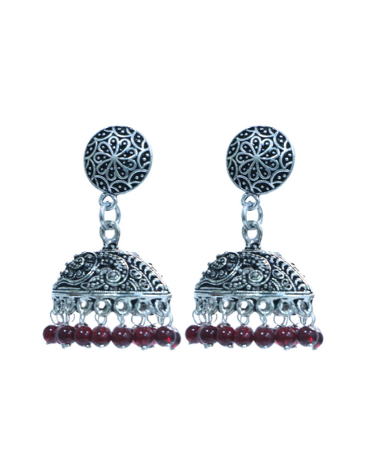 Unique Pair of Ethnic Jhumki Earrings in Silver Alloy With Red Beads