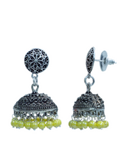 Unique Pair of Ethnic Jhumki Earrings in Silver Alloy With Yellow Beads