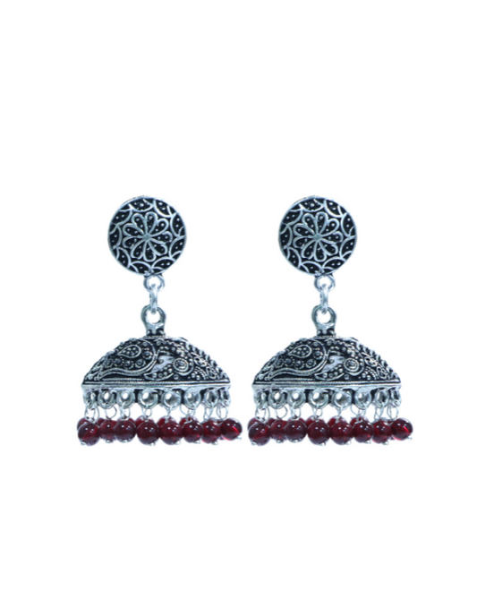 Unique Pair of Ethnic Jhumki Earrings in Silver Alloy With Red Beads