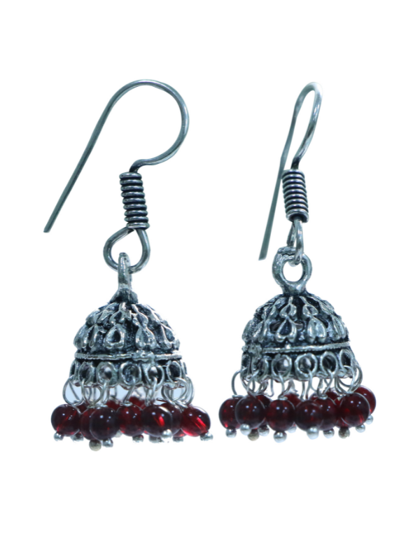Traditional Small Jhumkas in Silver Alloy With Red Beads