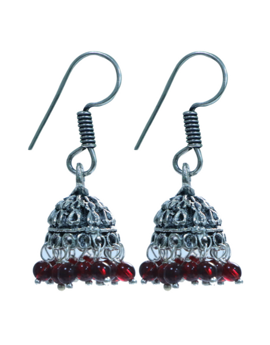 Traditional Small Jhumkas in Silver Alloy With Red Beads