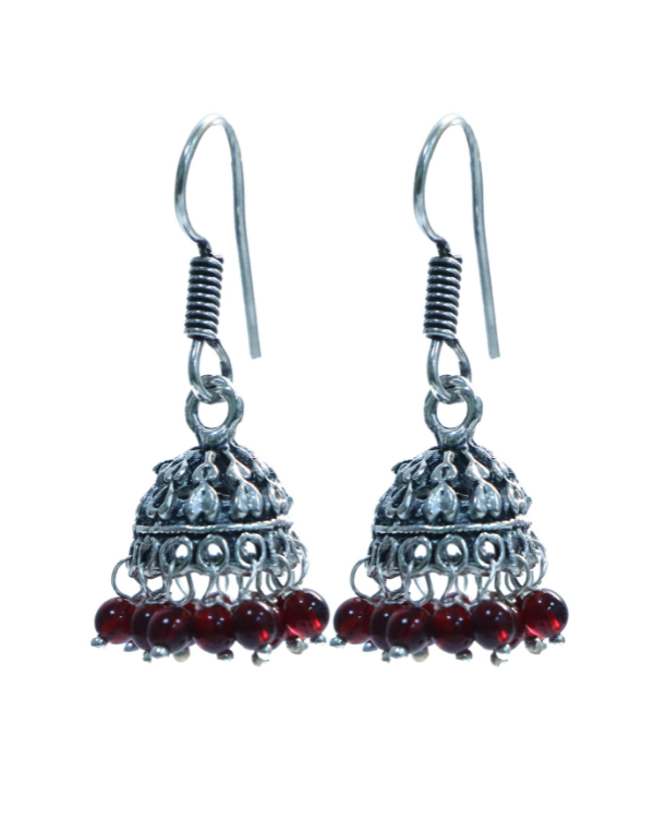 Traditional Small Jhumkas in Silver Alloy With Red Beads