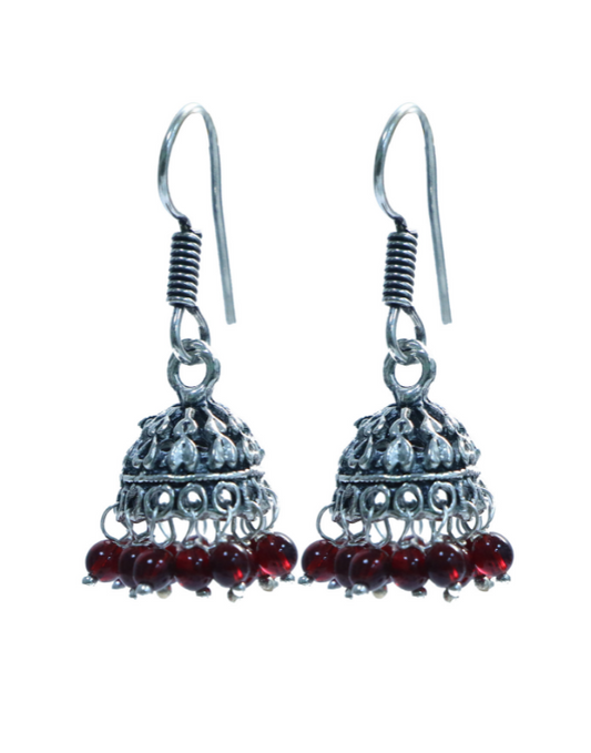 Traditional Small Jhumkas in Silver Alloy With Red Beads