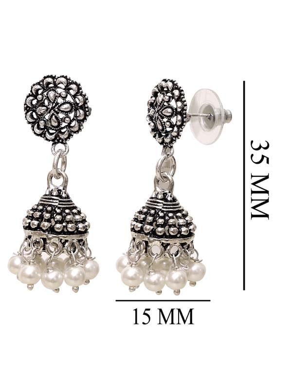 Cute pair of Ethnic Jhumki Earrings Pearls with Push Back in Silver Alloy