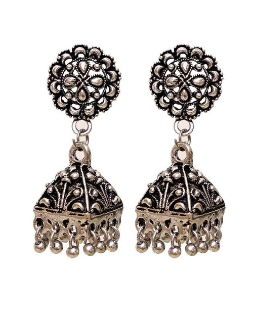 Indian Look Designer Jhumkis with Push Back in Silver Alloy - Default Title - Abhooshan