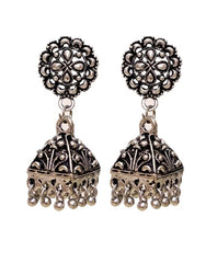 Indian Look Designer Jhumkis with Push Back in Silver Alloy