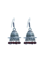 Pair of Unique Shape Jhumkis in Silver Alloy with Red Beads