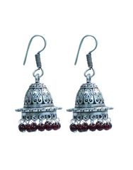 Pair of Unique Shape Jhumkis in Silver Alloy with Red Beads