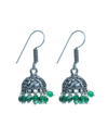 Traditional Pair of Small Jhumkas in Silver Alloy High with Green Beads