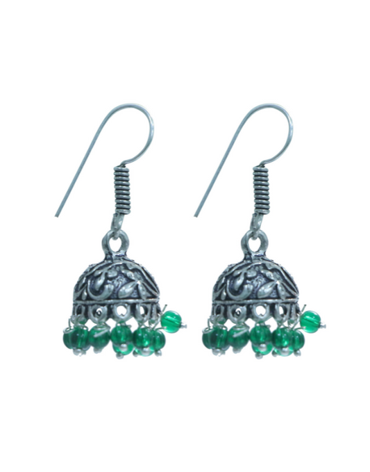 Traditional Pair of Small Jhumkas in Silver Alloy High with Green Beads