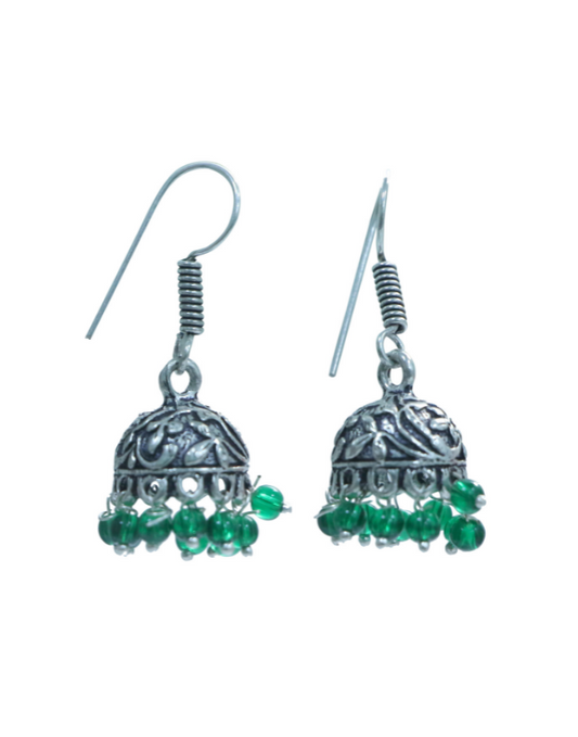 Traditional Pair of Small Jhumkas in Silver Alloy High with Green Beads