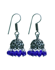 Traditional Pair of Small Jhumkas in Silver Alloy High with Blue Beads Finish for Women