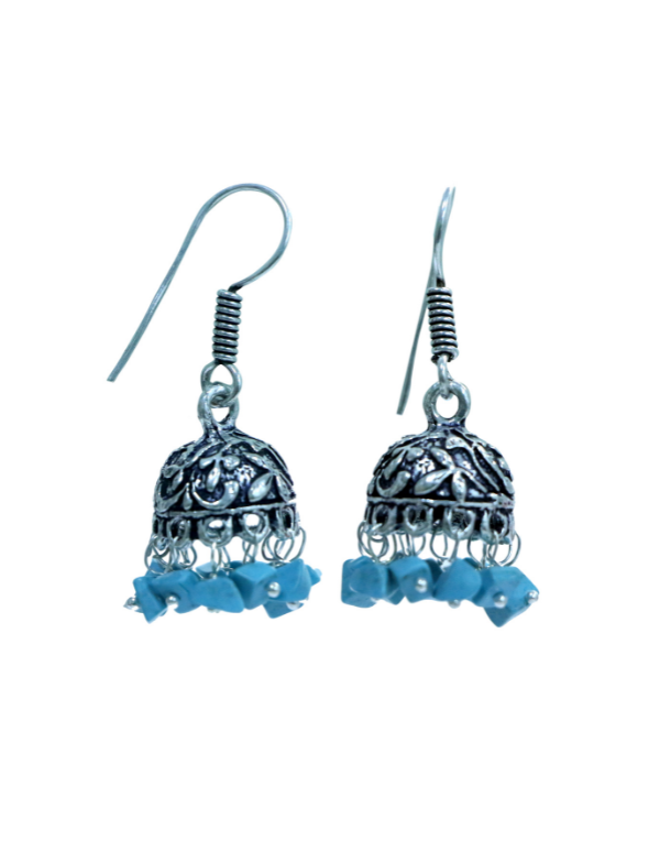 Traditional Pair of Small Jhumkas in Silver Alloy High with Blue Beads Finish for Women