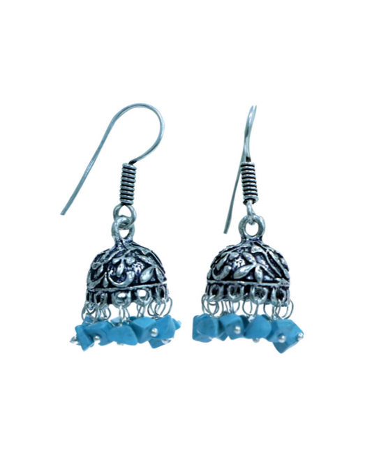 Traditional Pair of Small Jhumkas in Silver Alloy High with Blue Beads Finish for Women