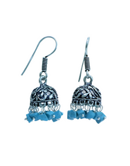 Traditional Pair of Small Jhumkas in Silver Alloy High with Blue Beads Finish for Women