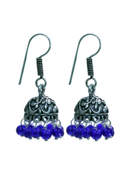 Traditional Pair of Small Jhumkas in Silver Alloy High with Blue Beads Finish for Women