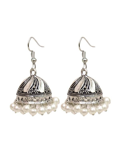 Designer Jhumkis in Pearl with Ear Wire in Silver Alloy - Default Title - Abhooshan