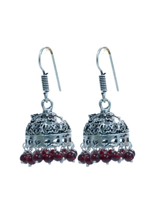 Small Jhumkas in Silver Alloy with Red Beads