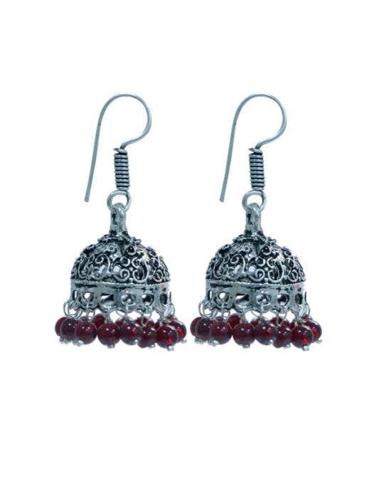 Small Jhumkas in Silver Alloy with Red Beads