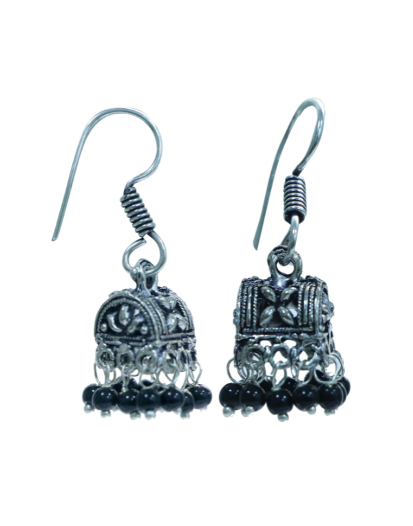 Small Ethnic Jhumkis With Black Beads in Silver Alloy High Finish