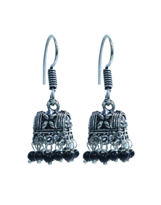 Small Ethnic Jhumkis With Black Beads in Silver Alloy High Finish