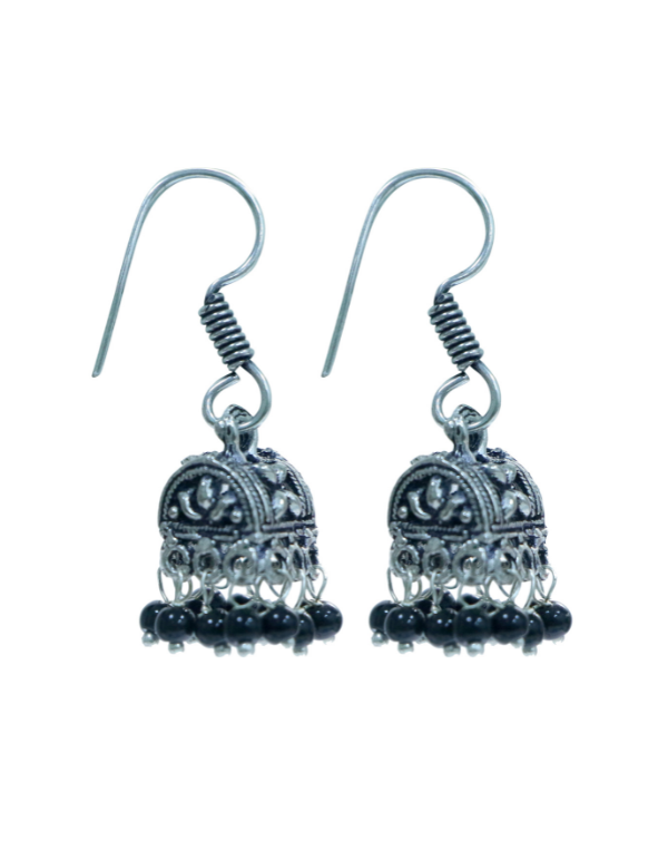 Small Ethnic Jhumkis With Black Beads in Silver Alloy High Finish