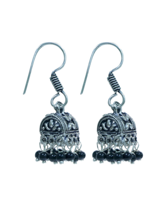 Small Ethnic Jhumkis With Black Beads in Silver Alloy High Finish